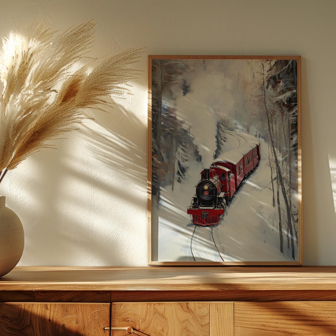 Vintage Red Steam Train Snowy Forest Winter Railroad Art Poster - Image 3