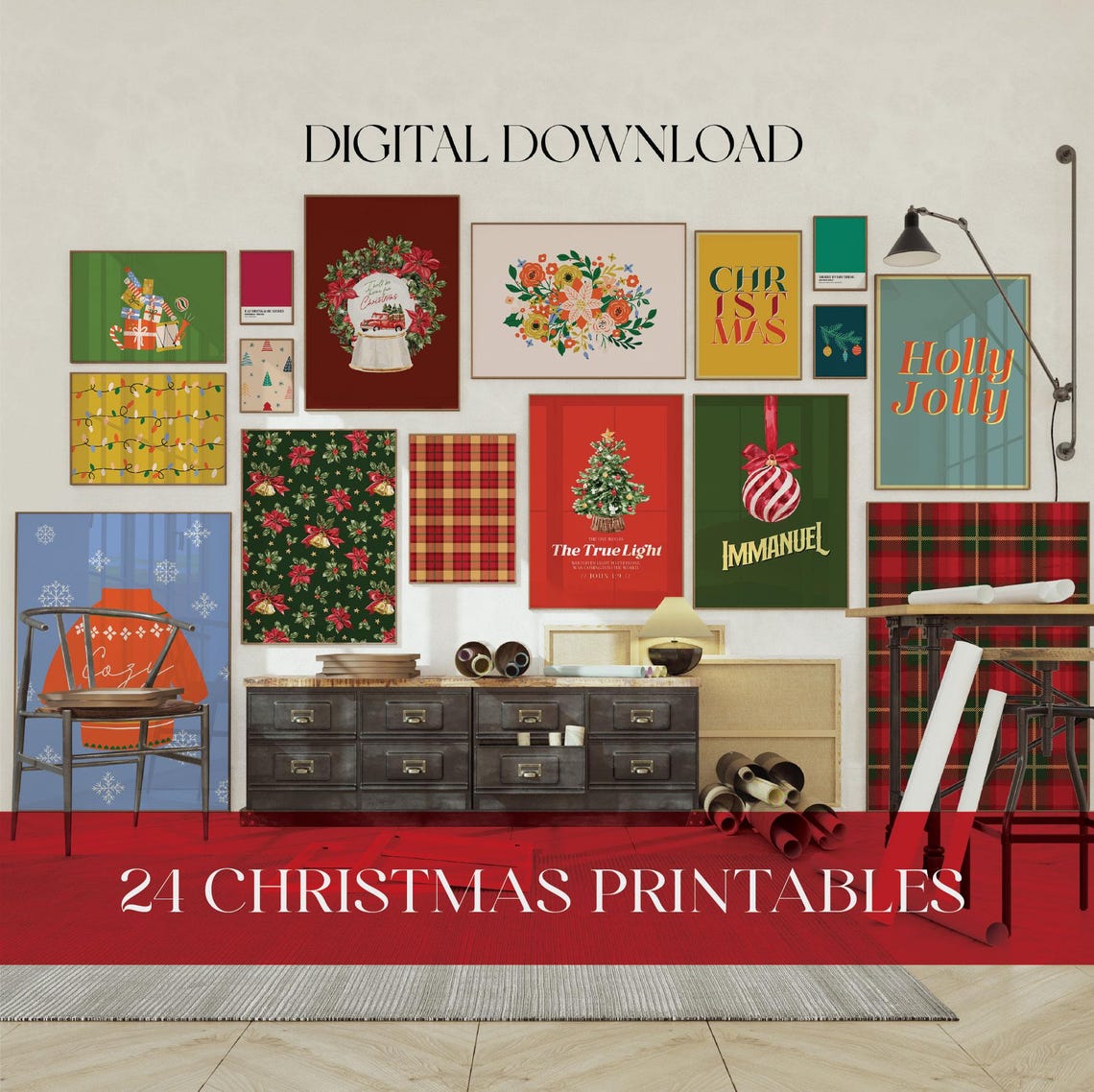 Bundle Of 24 Christmas Designs Gallery Wall Holiday Decor Poster Set