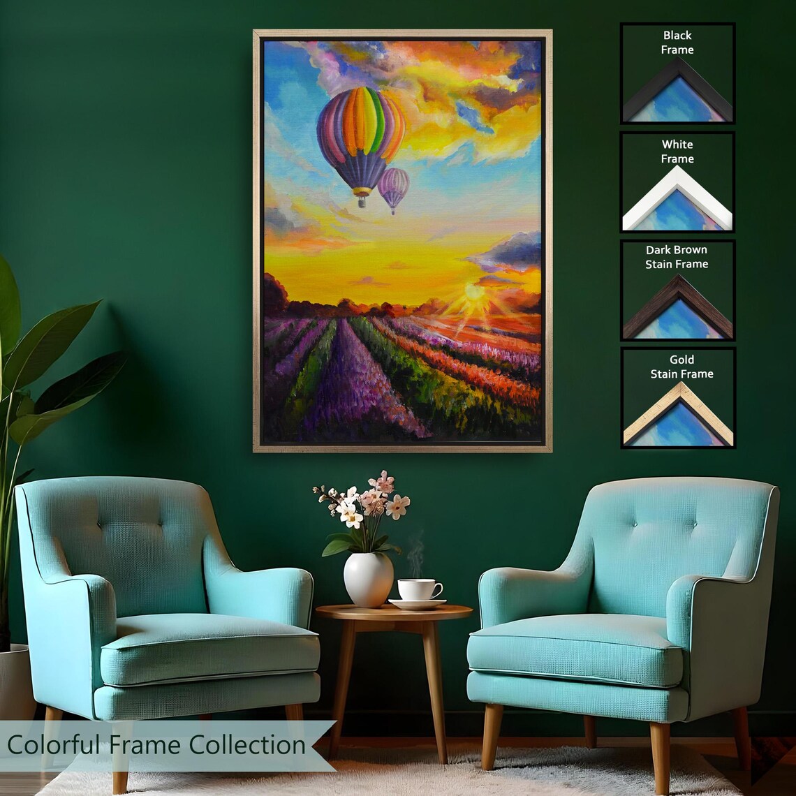 Hot Air Balloon Over Lavender Field Sunset Oil Painting Travel Poster - Image 2