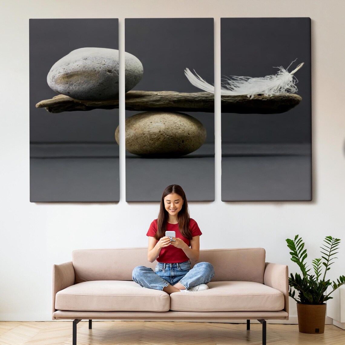 Zen Balance Stone Feather Driftwood Minimalist Harmony Art Poster - Image 2