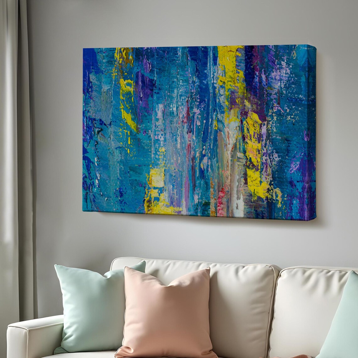 Abstract Blue Yellow Textured Oil Painting Vertical Strokes Wall Art