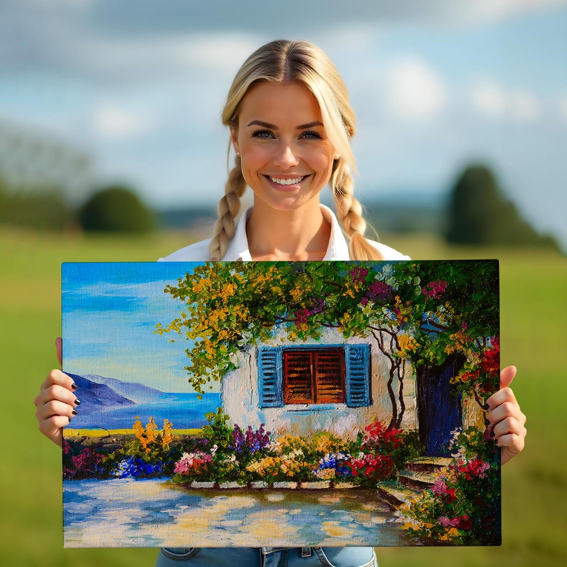 Mediterranean Seaside Cottage Blue Shutters Bougainvillea View Poster - Image 5
