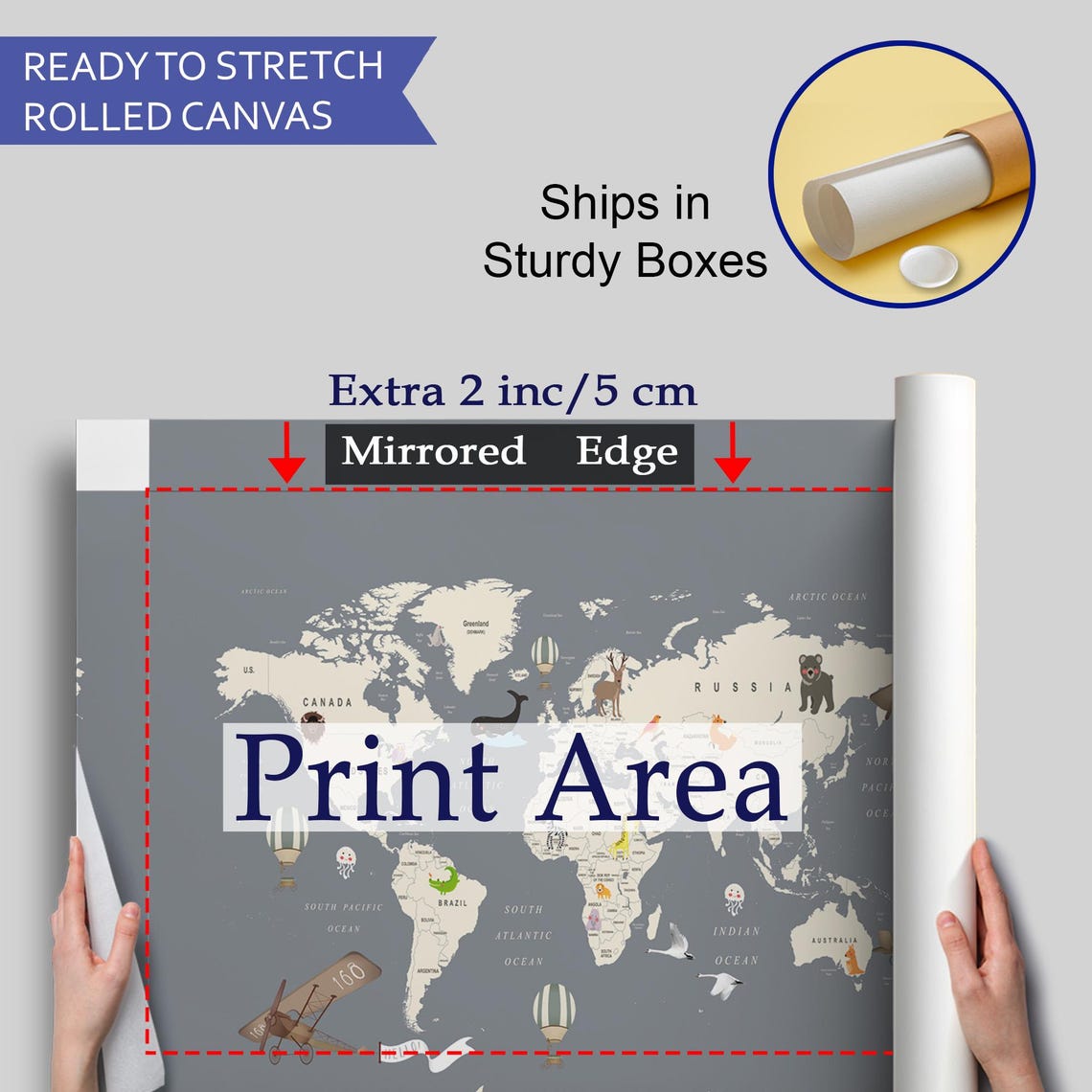 Kids World Map Animals Airplanes Nursery Educational Wall Art Poster - Image 4