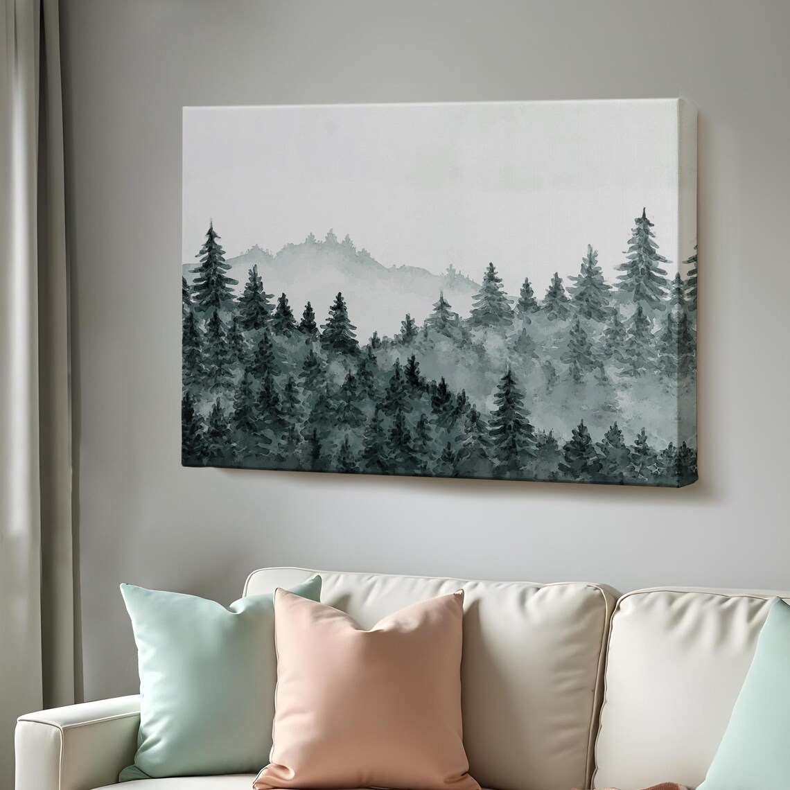 Misty Pine Forest Watercolor Landscape Minimal Gray Nature Poster