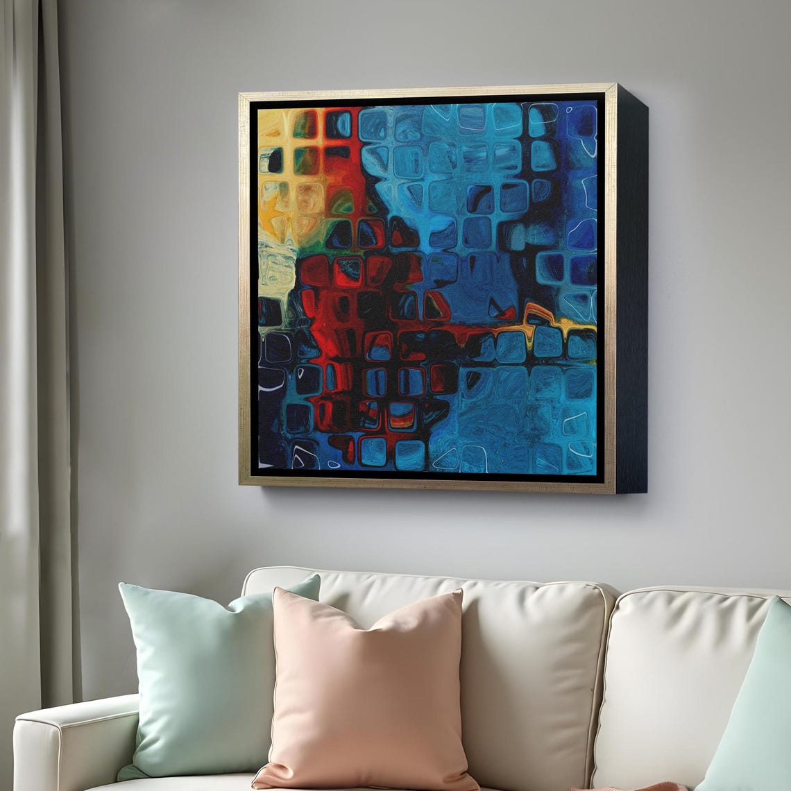 Blue Red Glass Squares Abstract Cool Tones Geometric Mosaic Wall Art - Image 4