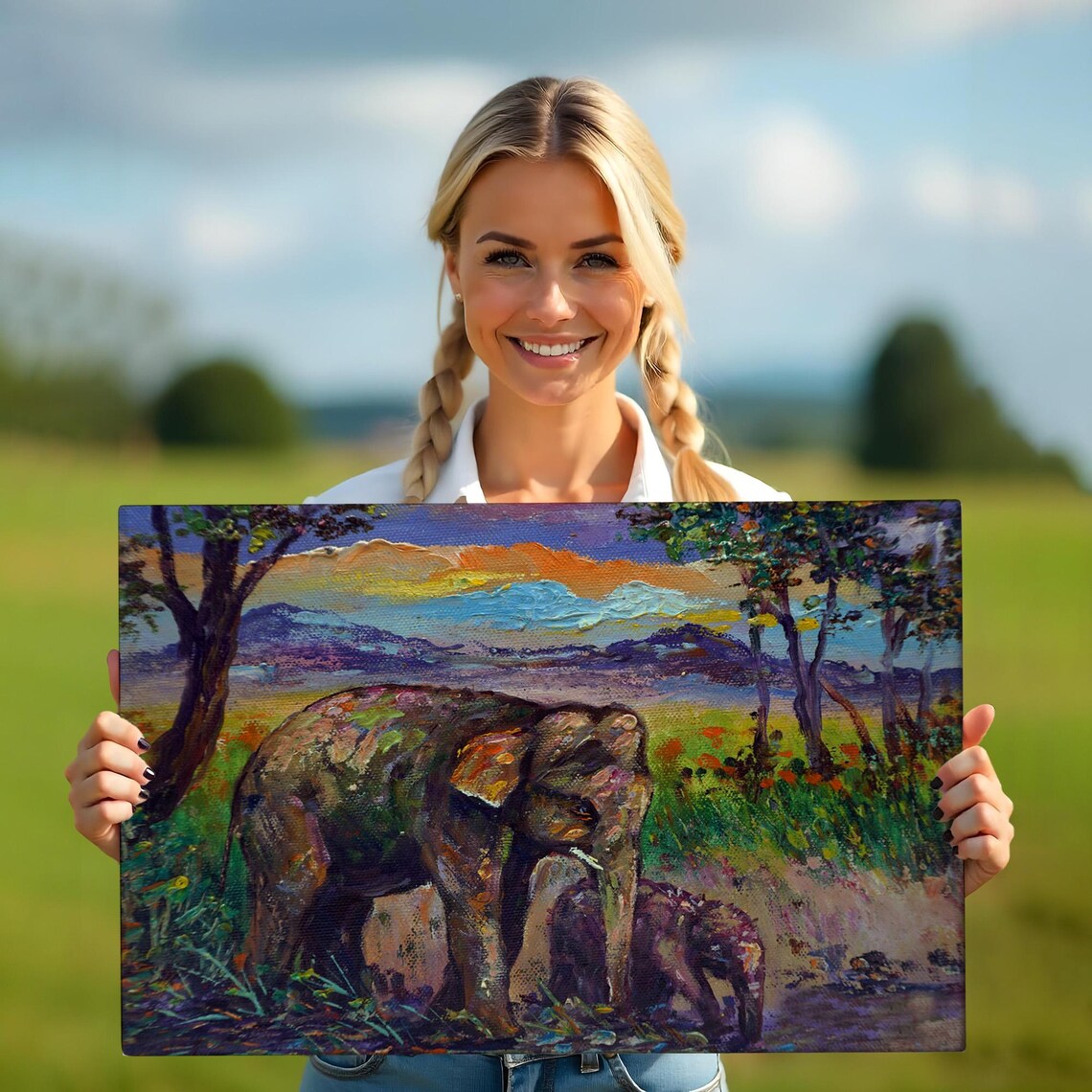 Mother And Baby Elephant Forest Sunset Colorful Wildlife Painting Poster - Image 5