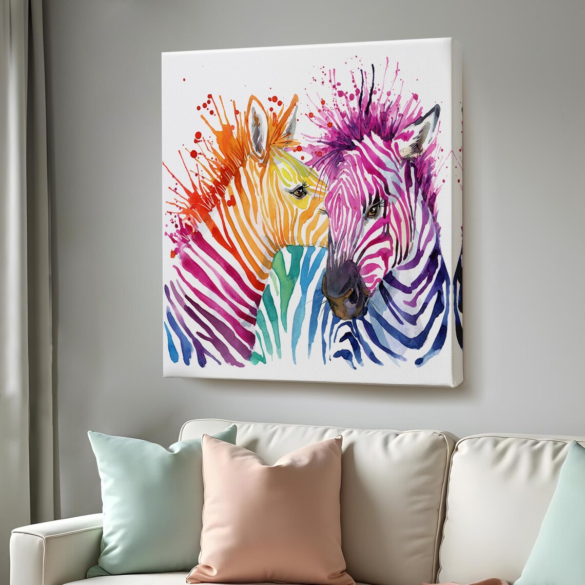 Colorful Rainbow Zebras Watercolor Pair Wildlife Pop Art Modern Wall Art Poster