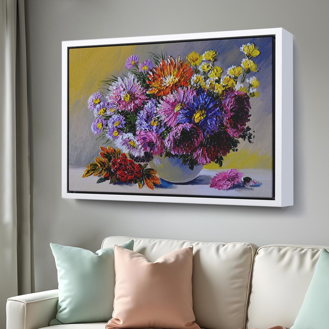 Colorful Aster Bouquet Bowl Impasto Flower Oil Painting Wall Art - Image 3