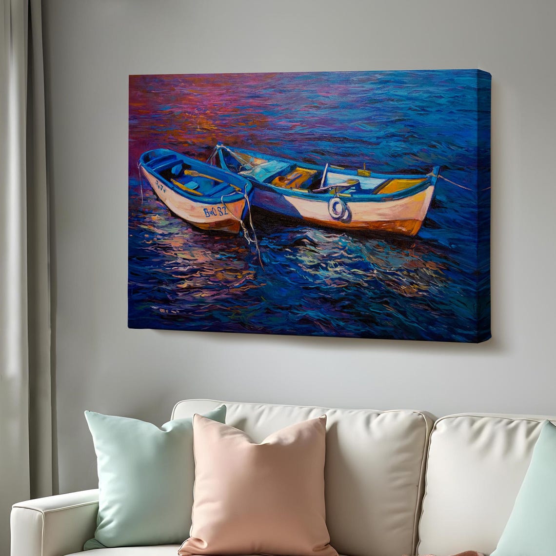Two White Fishing Boats on Deep Blue Sea Sunset Reflection Art Poster