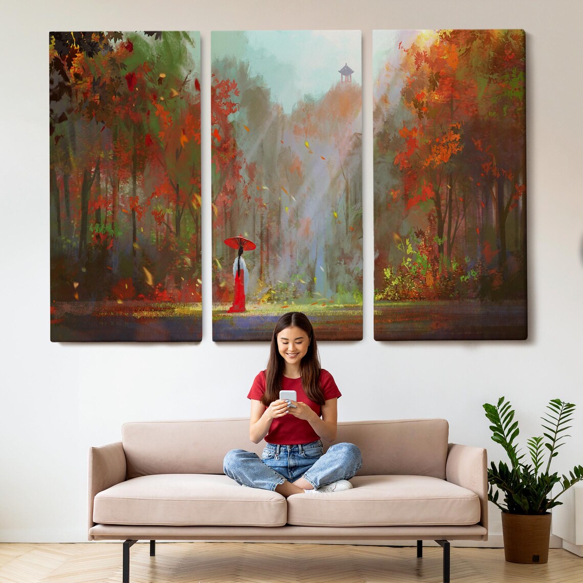Japanese Woman Red Kimono Autumn Forest Sunlight Pagoda Art Poster - Image 2