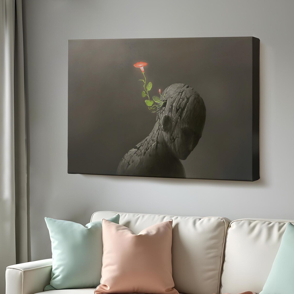 Cracked Stone Head Red Flower Surreal Conceptual Fine Art Wall Poster