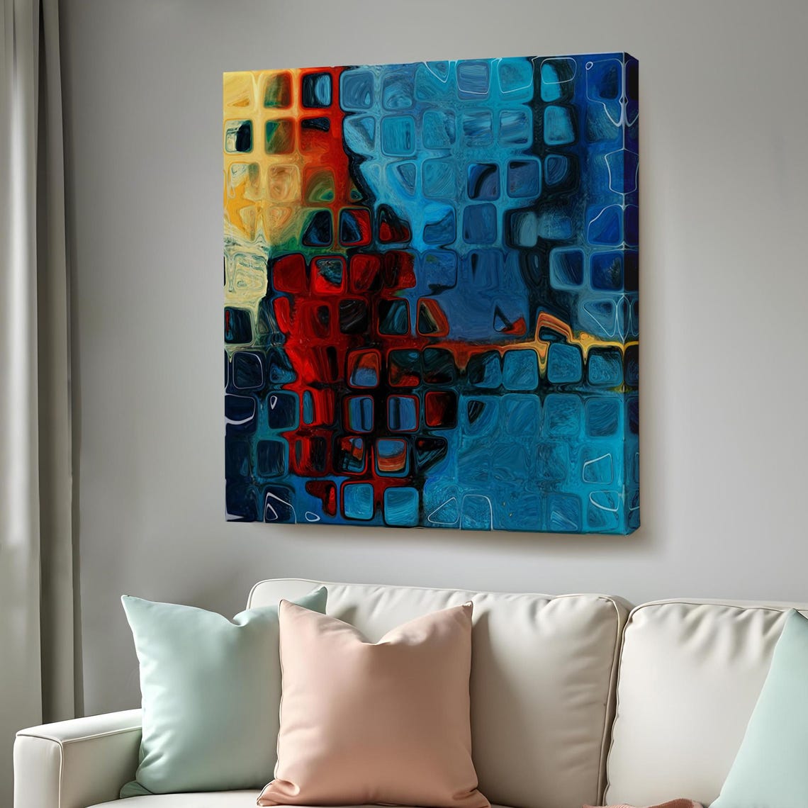 Blue Red Glass Squares Abstract Cool Tones Geometric Mosaic Wall Art