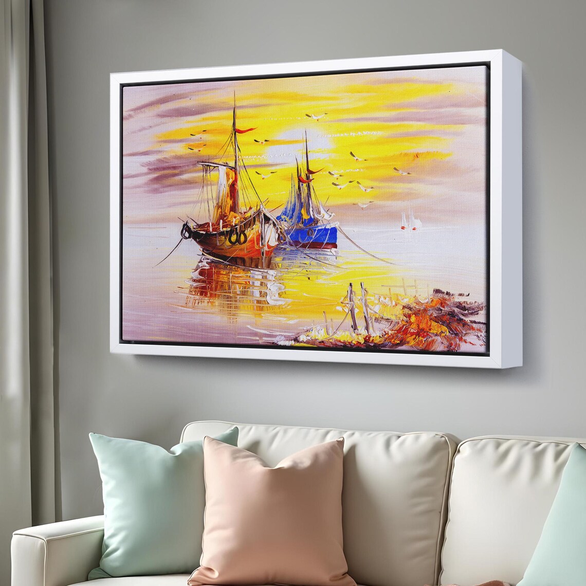 Two Sailboats At Golden Sunset Calm Sea Oil Painting Marine Wall Art - Image 3