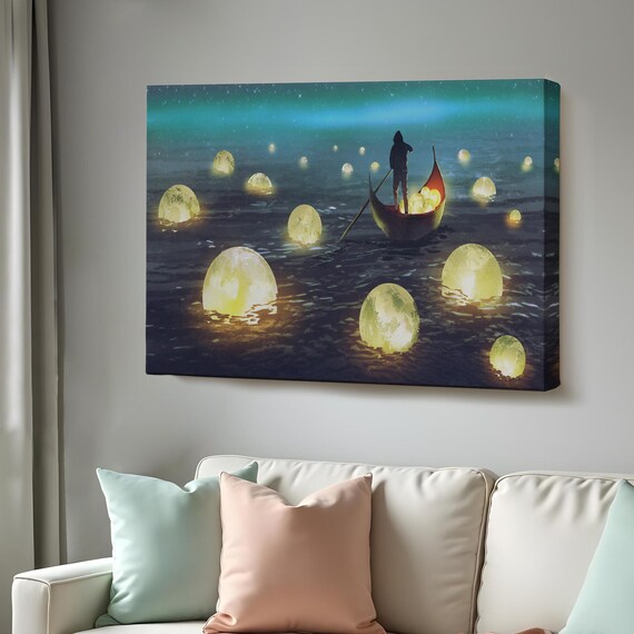 Man Collecting Glowing Moons On Starry Night Sea Fantasy Wall Art Poster