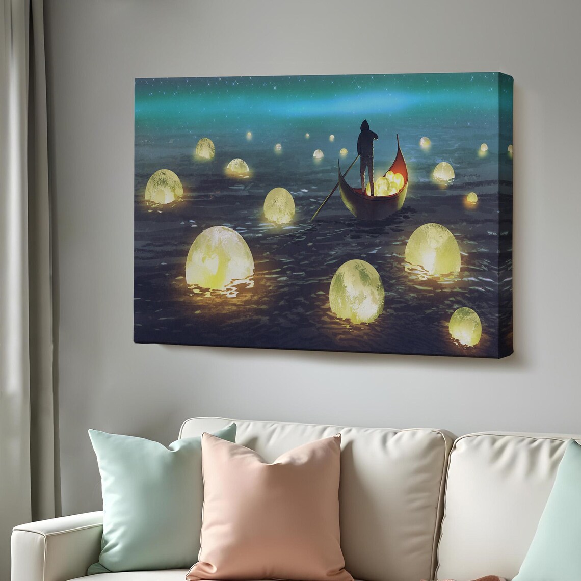 Man Collecting Glowing Moons On Starry Night Sea Fantasy Wall Art Poster