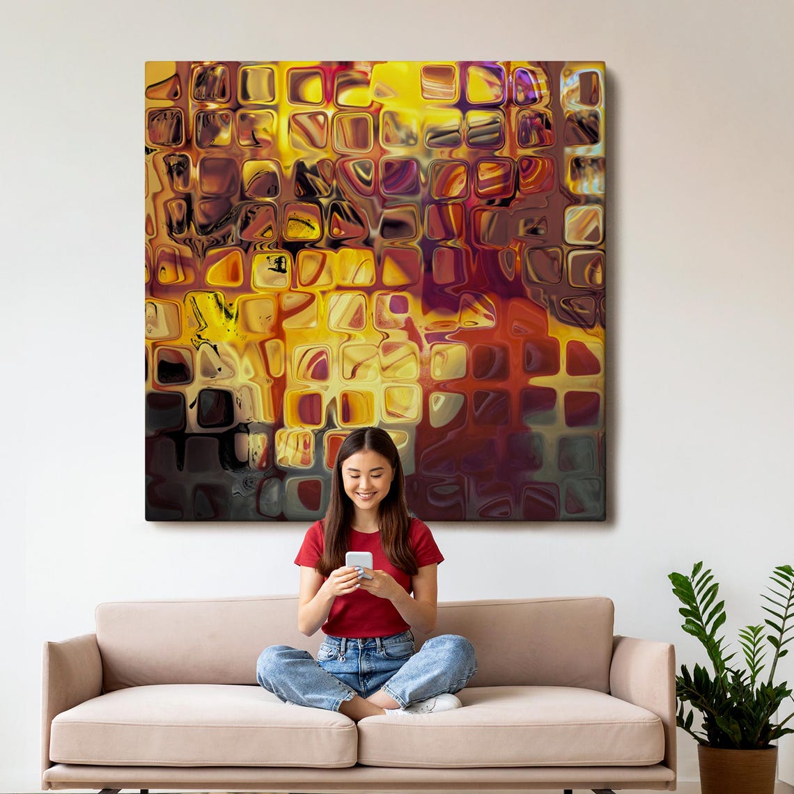 Amber Gold Glass Squares Abstract Warm Tones Geometric Mosaic Wall Art - Image 3