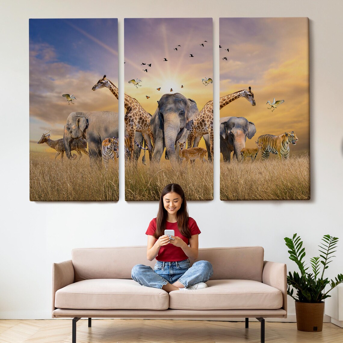 African Savanna Elephants Giraffes Tigers Sunset Wildlife Poster - Image 2