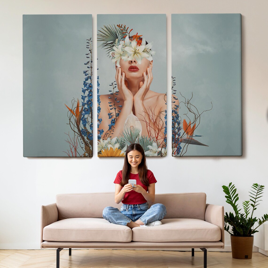 Surreal Botanical Woman Portrait Hands Face Lily Flowers Poster - Image 2