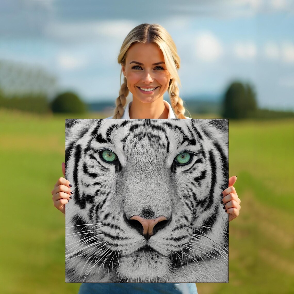 Majestic White Tiger Face Close Up Green Eyes Wildlife Photography Wall Poster - Image 5