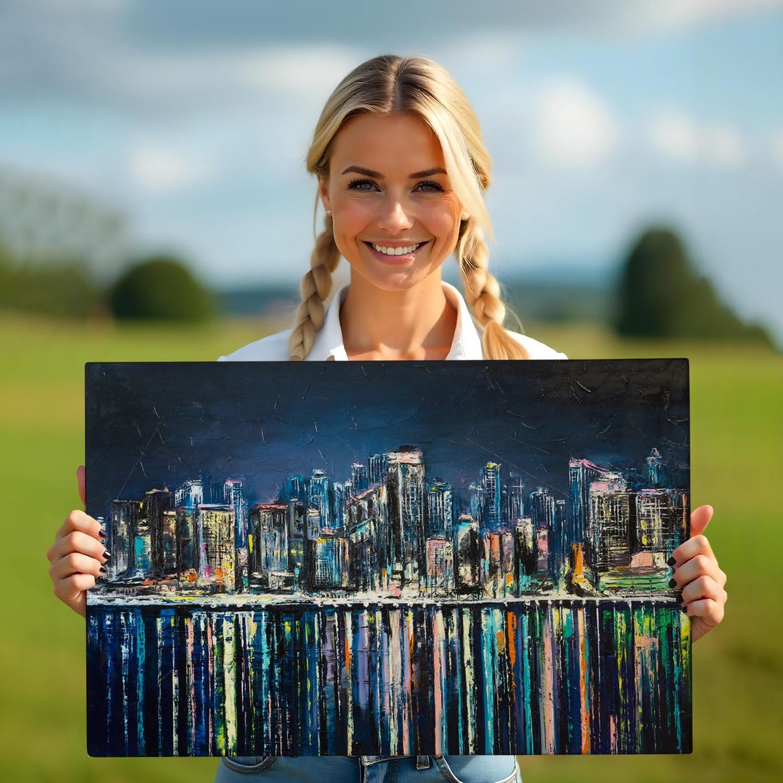 Coastal City Skyline Night Lights Water Reflection Canvas Poster - Image 5