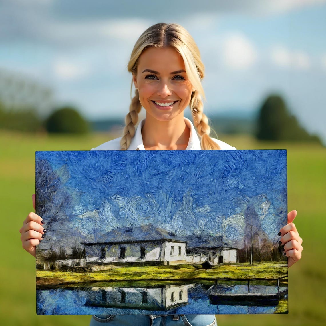 Lakeside Village White Houses Mirror Reflection Blue Sky Poster - Image 5