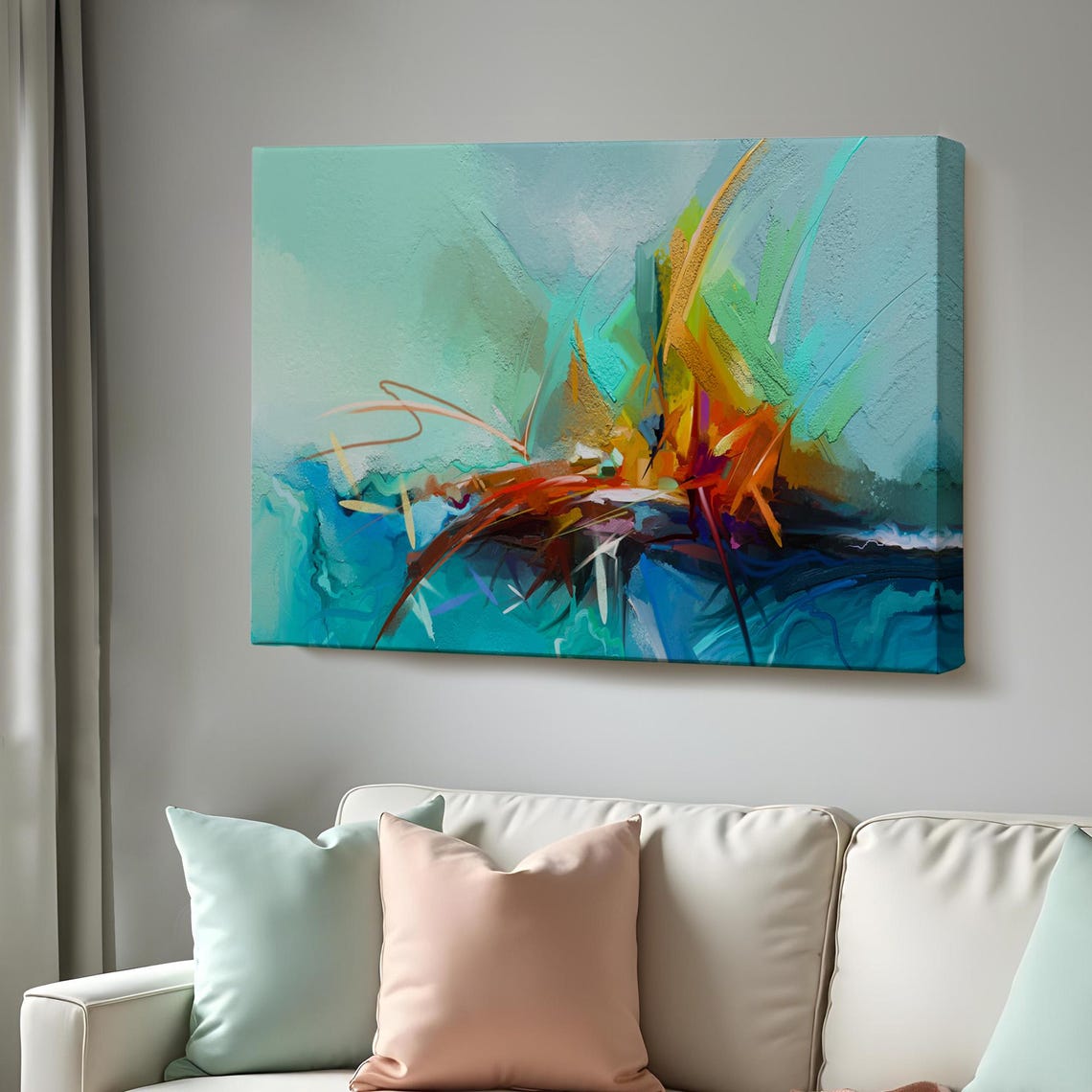 Abstract Teal Orange Brushstroke Burst Modern Canvas Wall Art