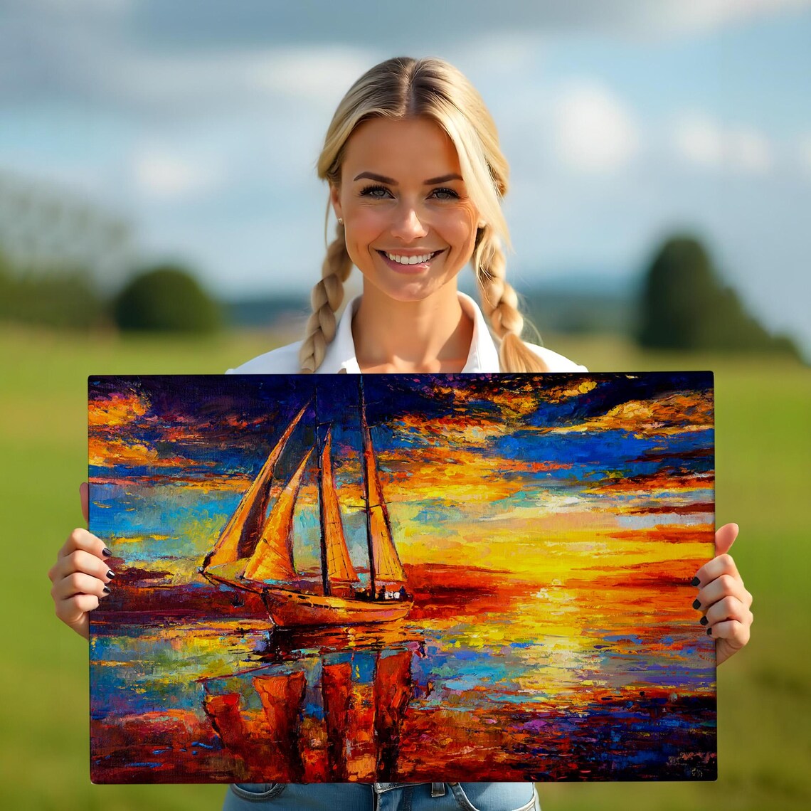 Tall Ship Sunset Sailing Vibrant Orange Ocean Oil Painting Print - Image 5