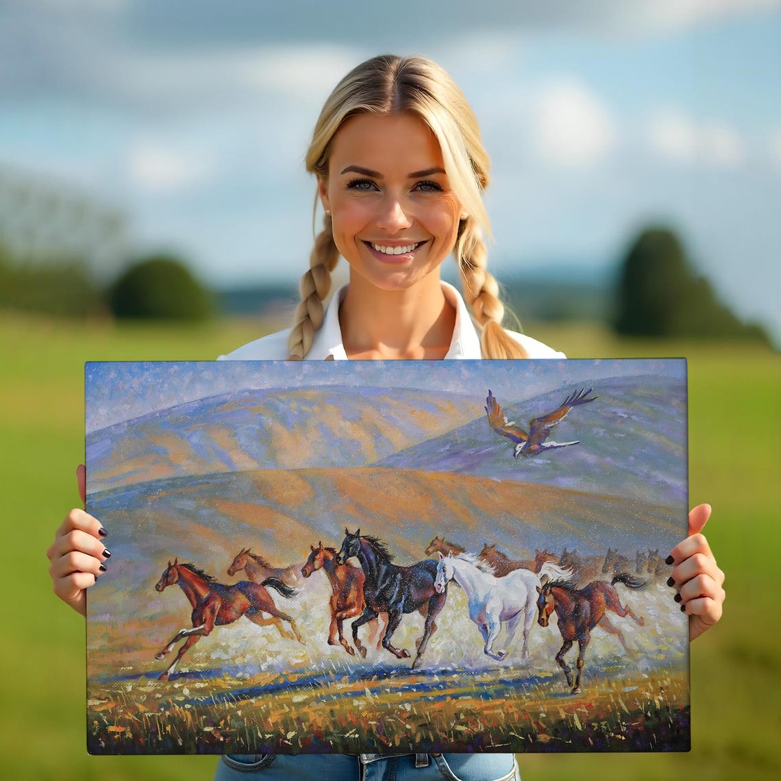 Galloping Horses Herd with Eagle Mountain Valley Oil Painting Poster - Image 5