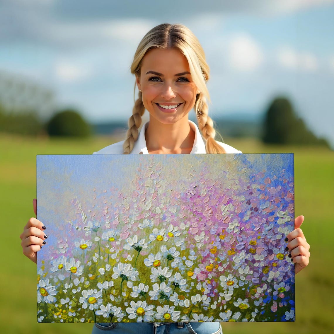 White Daisy Wildflower Meadow Pastel Blooms Impressionist Poster - Image 5