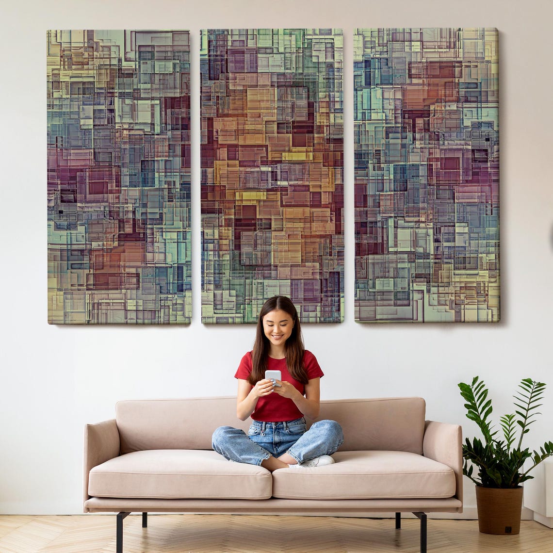 Geometric Mosaic Abstract Rectangles Muted Color Modern Wall Art - Image 2