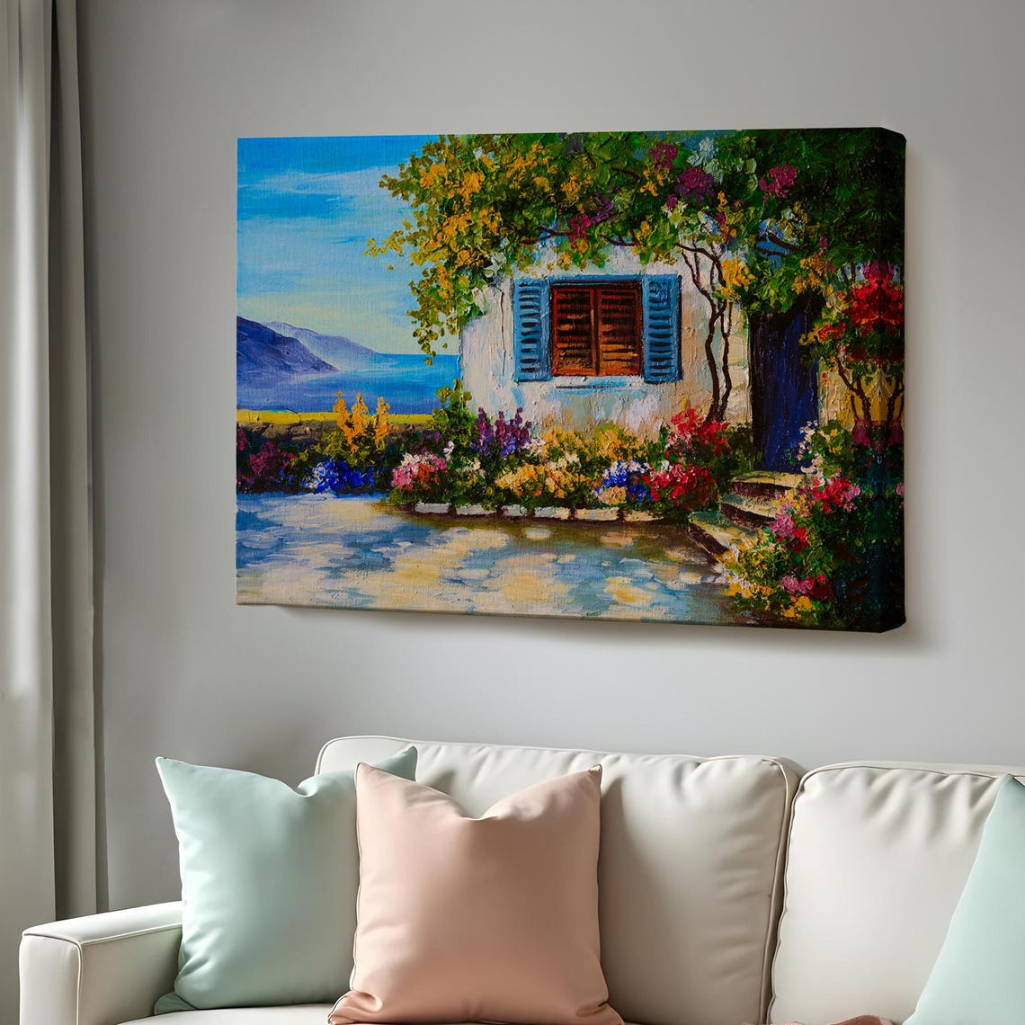 Mediterranean Seaside Cottage Blue Shutters Bougainvillea View Poster