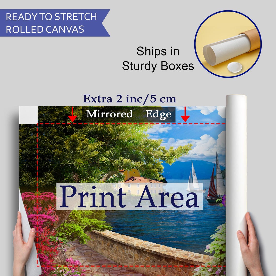 Lakeside Villa Terrace Flower Path Sailboats Mountain View Poster - Image 4