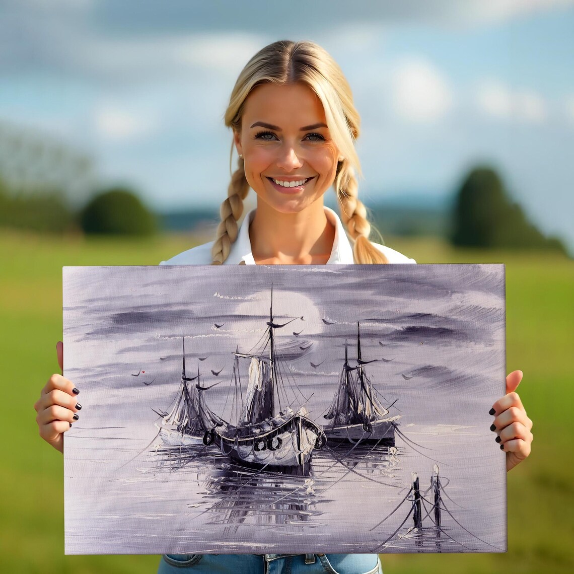 Moonlit Harbor Sailing Boats Purple Gray Night Seascape Poster - Image 5