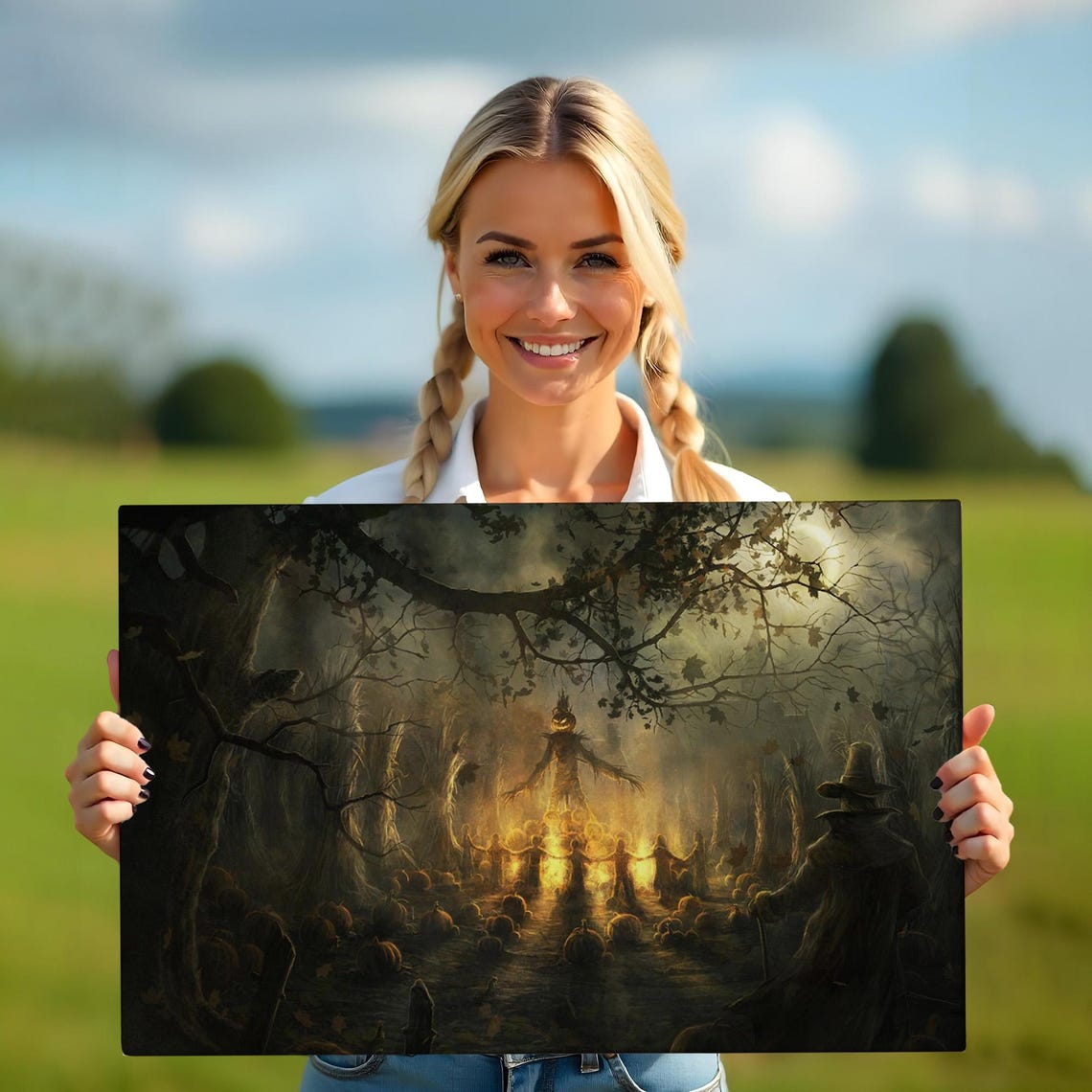 Haunted Scarecrow Halloween Night Dark Forest Pumpkins Art Poster - Image 5