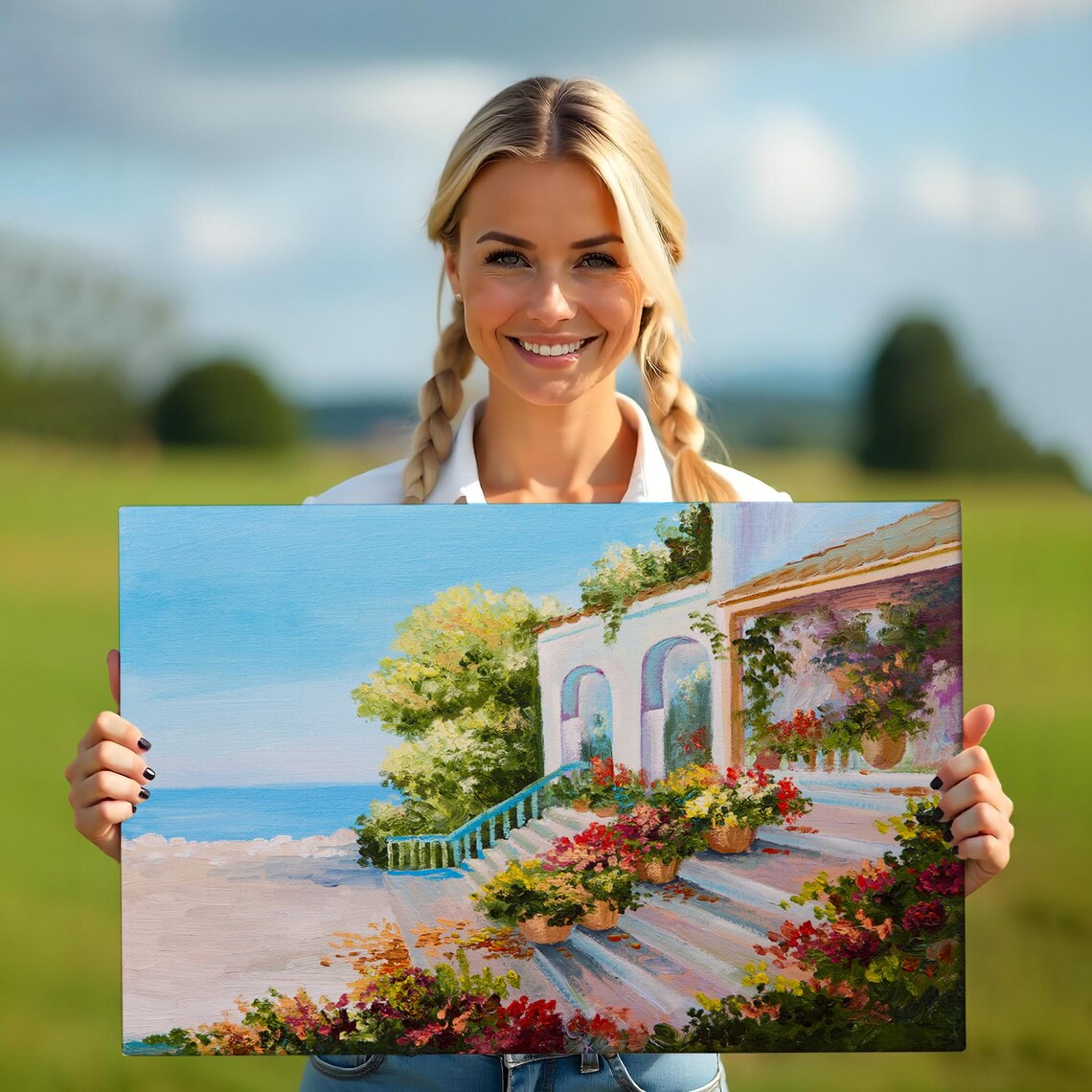 Mediterranean Sea Terrace Villa Flower Staircase Coastal View Poster - Image 5