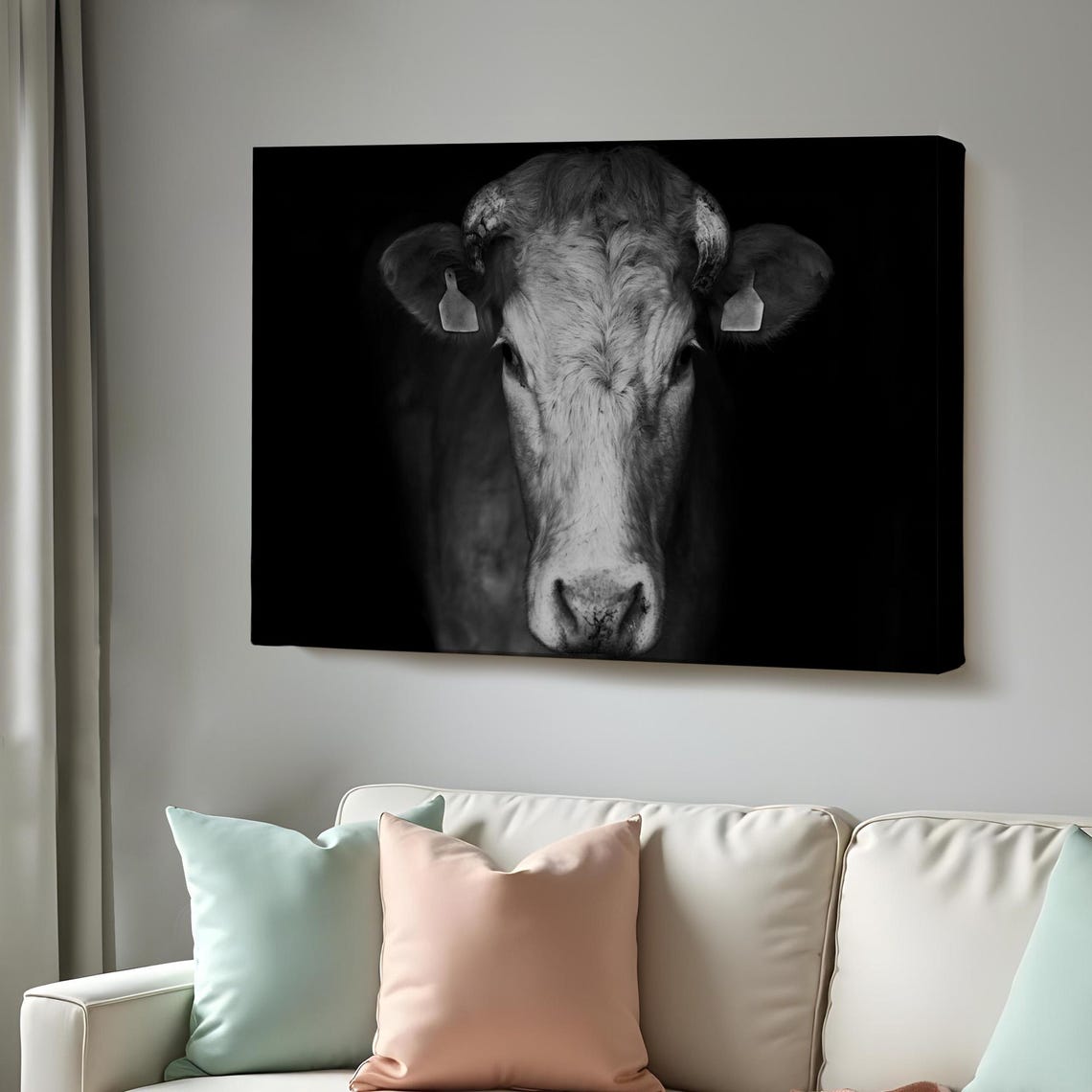 Fine Black And White Cow Portrait Dramatic Farm Animal Photo Wall Art