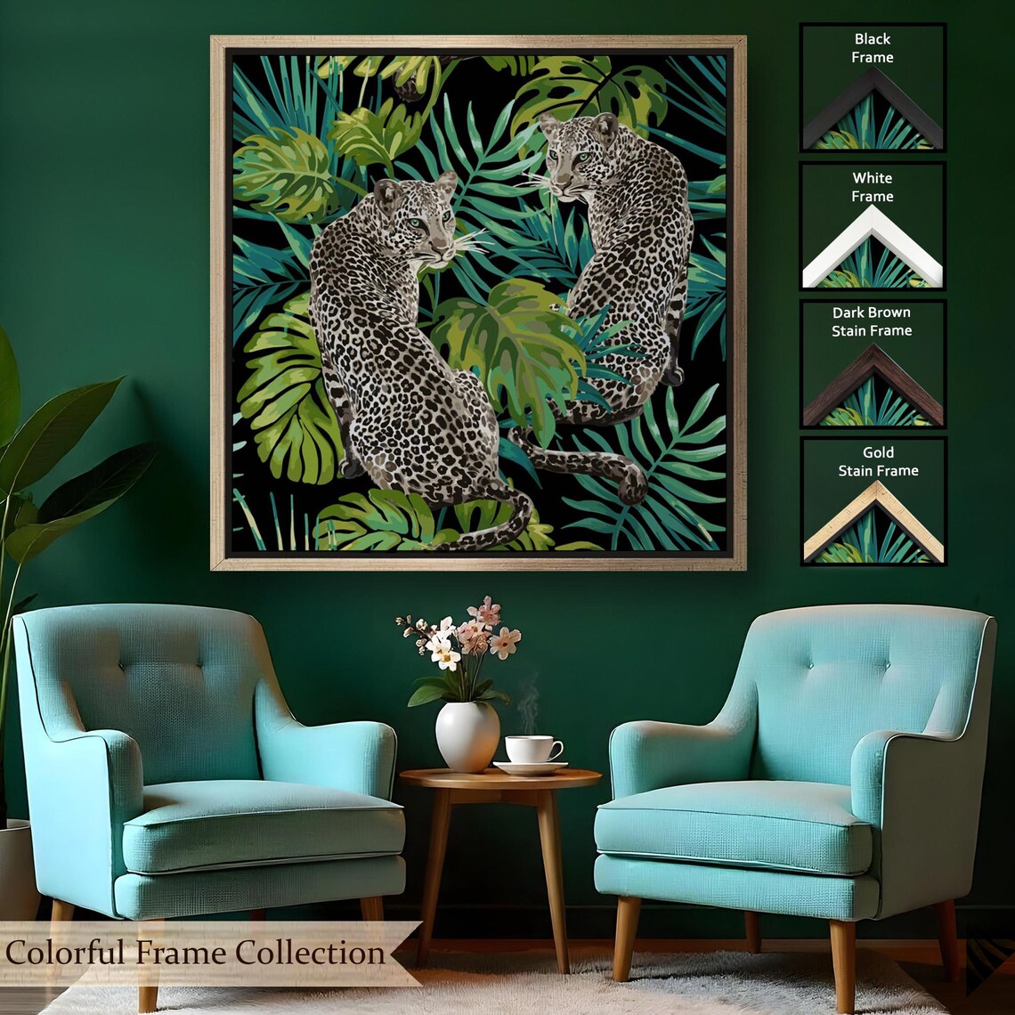 Two Leopards Among Tropical Palm Leaves Dark Jungle Wildlife Art Wall Poster - Image 2