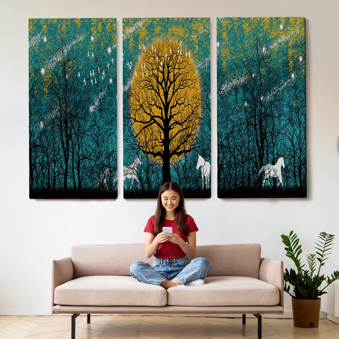 White Horses in Moonlit Forest Golden Full Moon Night Trees Art Poster - Image 2
