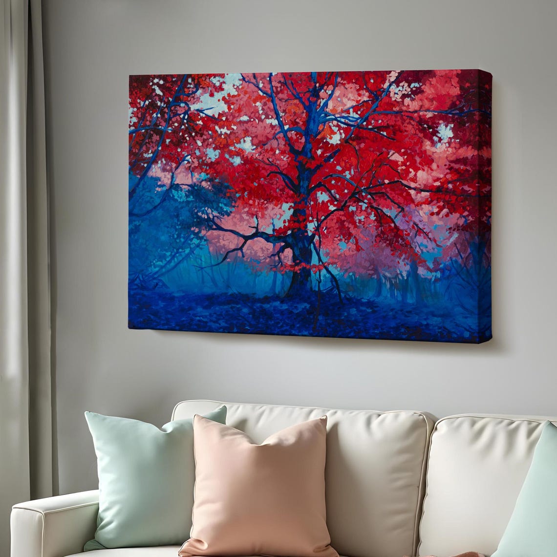 Crimson Autumn Tree Blue Forest Bold Color Contrast Nature Art Poster