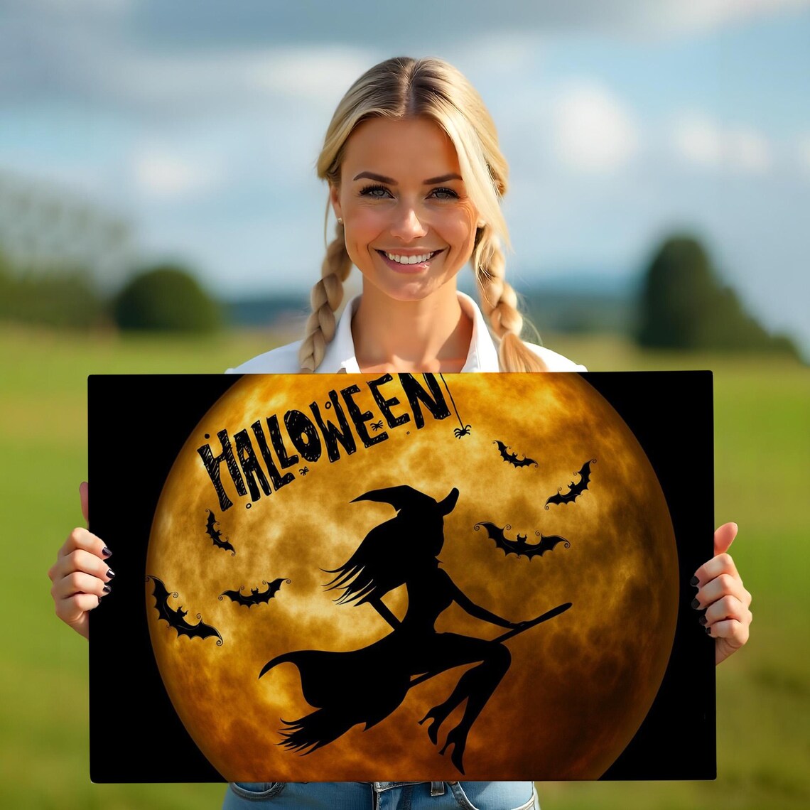 Halloween Witch Flying Broom Full Moon Bats Spooky Night Sky Wall Art Poster - Image 5