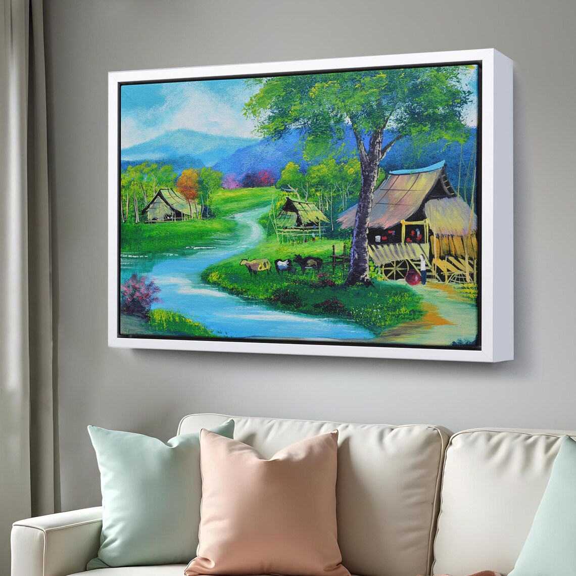 Tropical Village River Huts Mountains Cows Pasture Landscape Poster - Image 3