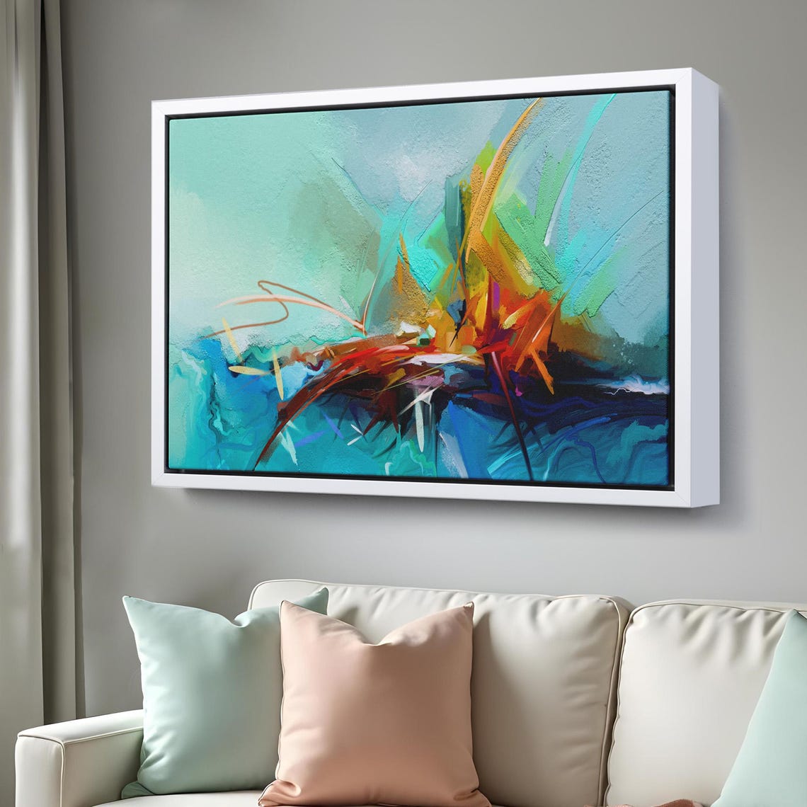 Abstract Teal Orange Brushstroke Burst Modern Canvas Wall Art - Image 3