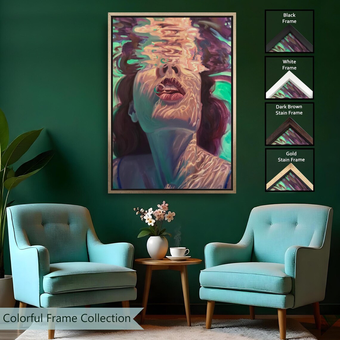 Underwater Woman Swimming Up To Rippling Light Teal Painterly Ocean Poster - Image 2