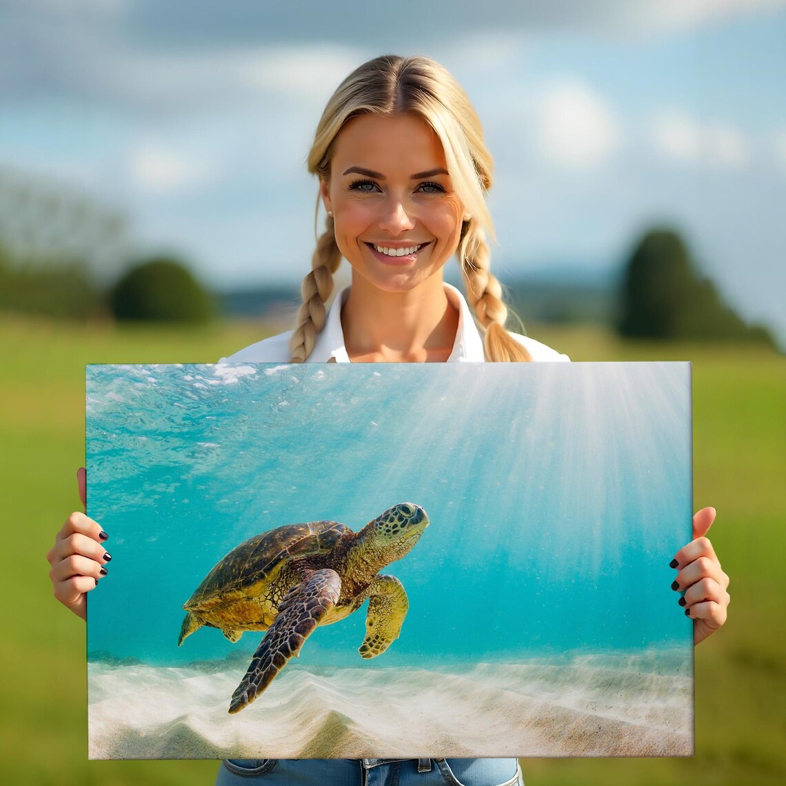Sea Turtle Swimming Under Sunbeams Turquoise Ocean Underwater Wall Poster - Image 5