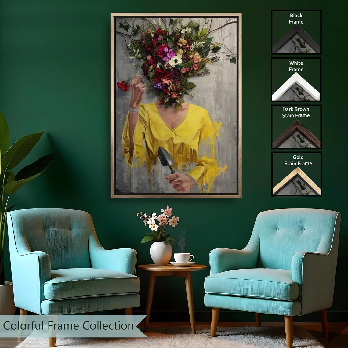 Woman With Flower Head Holding Trowel Surreal Floral Portrait Wall Art - Image 2