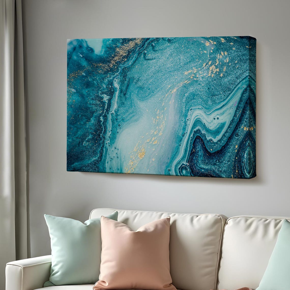 Abstract Teal Ocean Marble Swirl Gold Accent Modern Wall Art Print