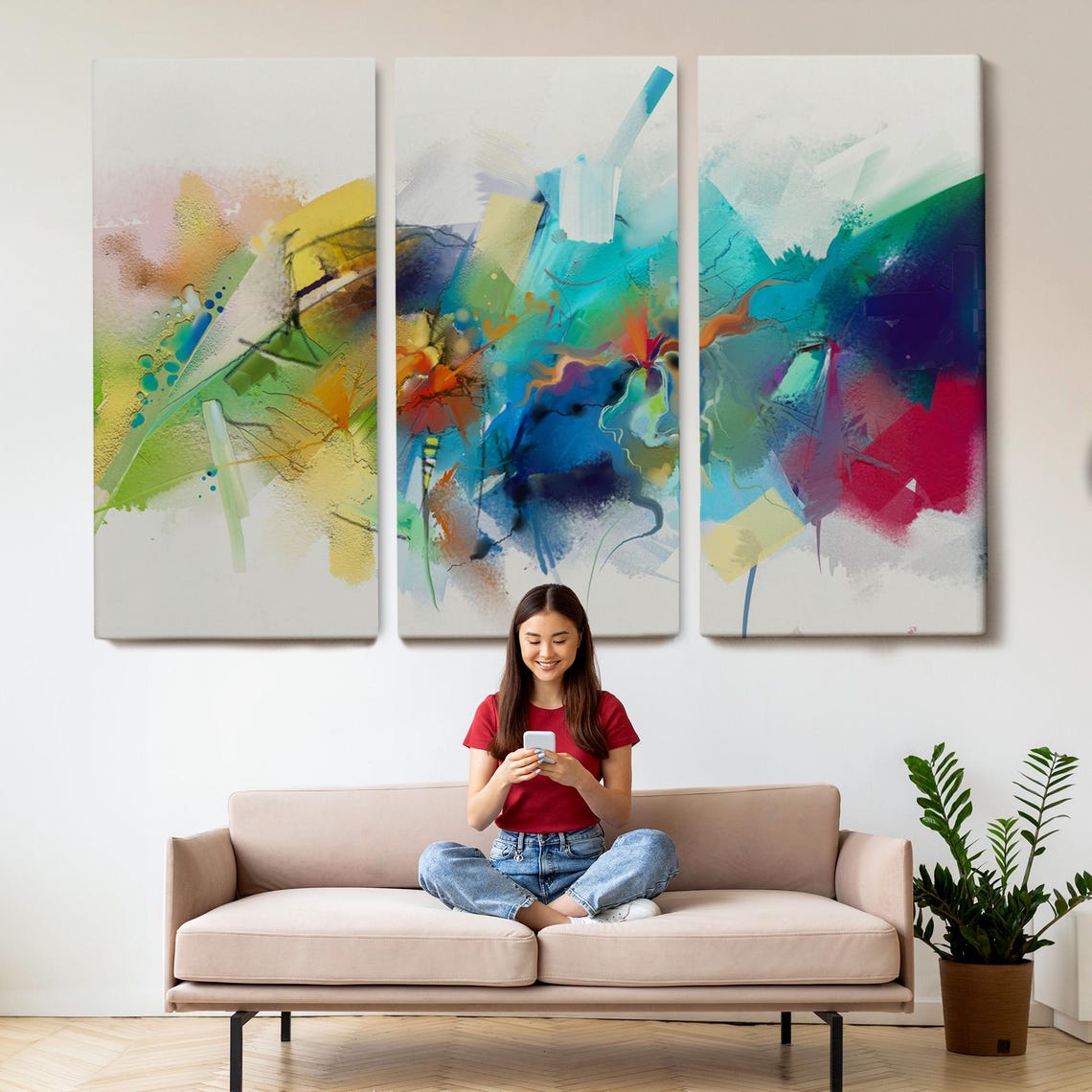 Abstract Colorful Brushstrokes White Canvas Modern Acrylic Art Poster - Image 2