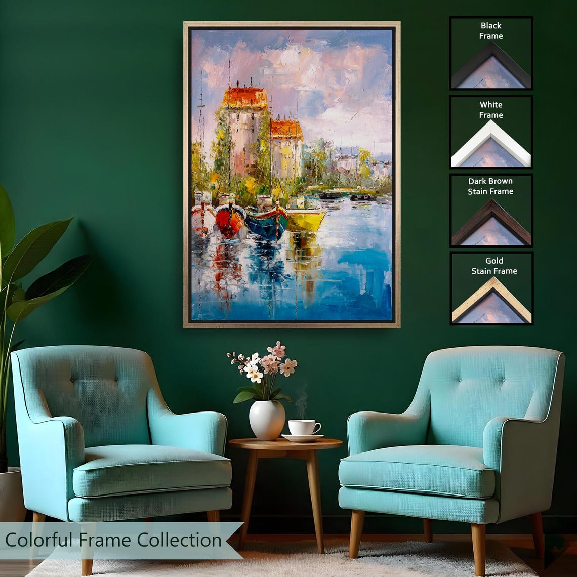Impressionist Harbor Colorful Boats Old Town Waterfront Art Poster - Image 2