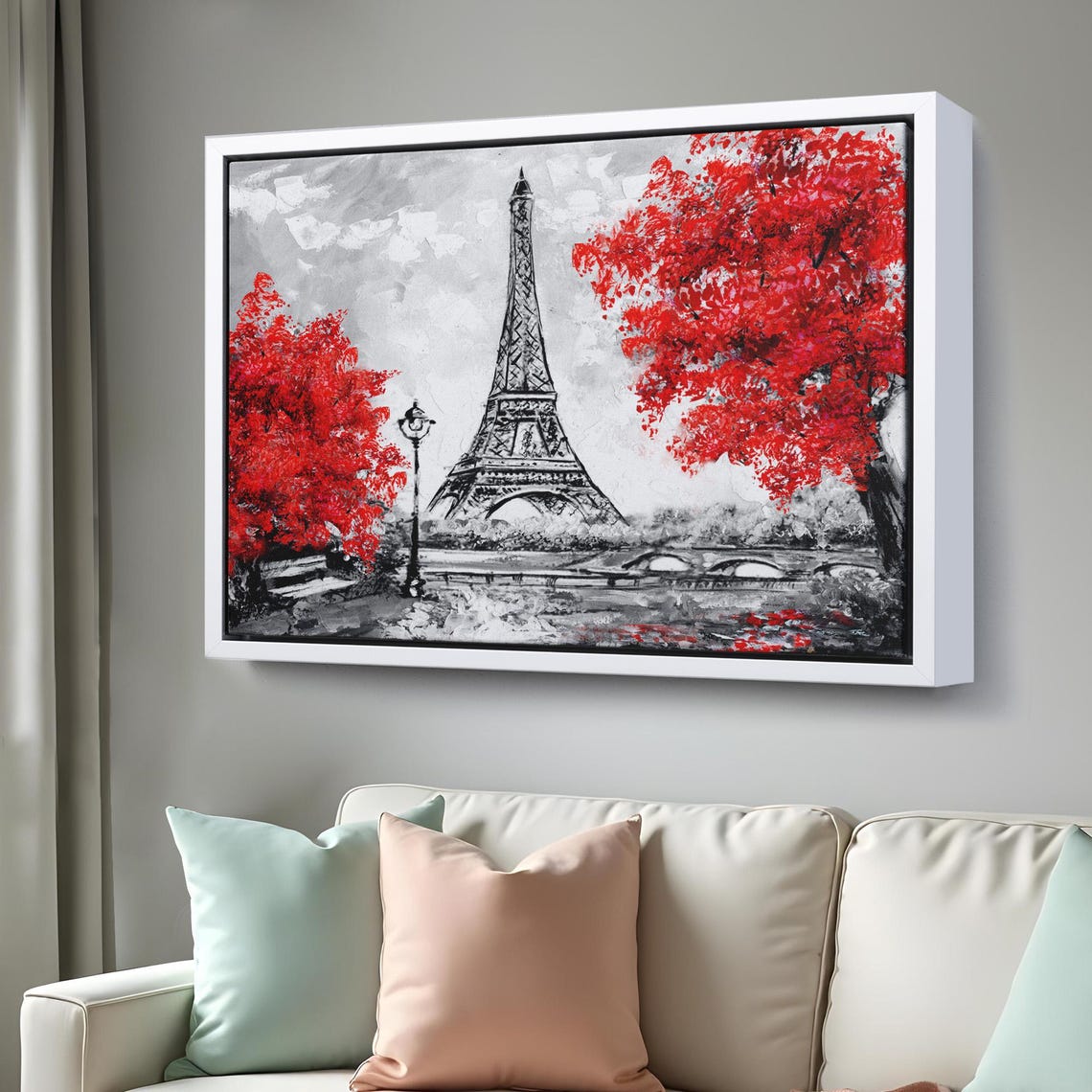 Paris Eiffel Tower Red Autumn Trees Black White Oil Painting Poster - Image 3