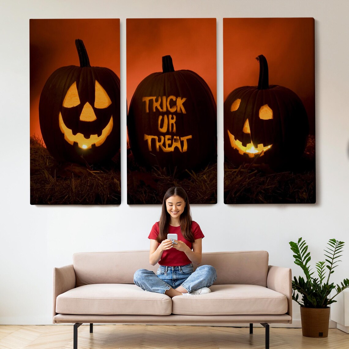 Halloween Trick Or Treat Carved Pumpkins Glowing Night Orange Sky Wall Poster - Image 2